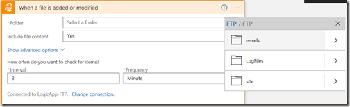 AZUREportal Ent Integration and LogicApp create 12 blogs-csv-to-email browse to emails folder on FTP site