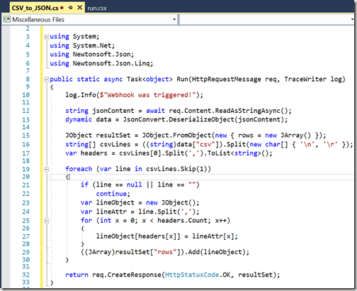 AZUREportal Ent Integration and LogicApp create 15 blogs-csv-to-email create a new functionappCSV-to-JSON code