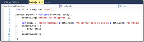 AZUREportal Ent Integration and LogicApp create 16 blogs-csv-to-email create a new functionappJSON-to-Email code