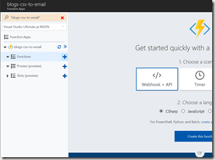 AZUREportal Ent Integration and LogicApp create 17 blogs-csv-to-email create a new functionappCSV-to-JSON code