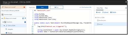 AZUREportal Ent Integration and LogicApp create 19 blogs-csv-to-email create a new functionappCSV-to-JSON code