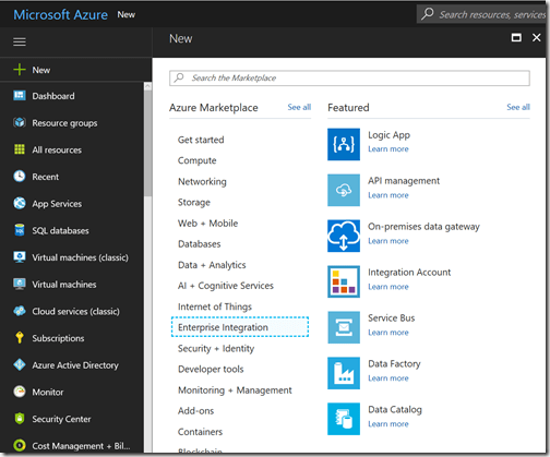 AZUREportal Ent Integration and LogicApp create 1