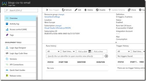 AZUREportal Ent Integration and LogicApp create 3 blogs-csv-to-email