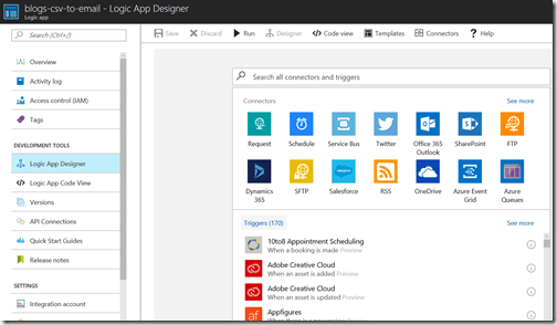 AZUREportal Ent Integration and LogicApp create 4 blogs-csv-to-email Designer