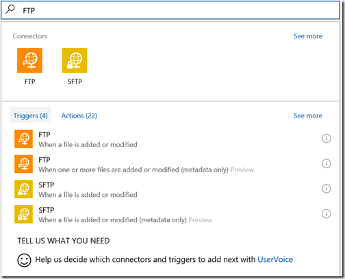 AZUREportal Ent Integration and LogicApp create 5 blogs-csv-to-email FTP connector and triggers