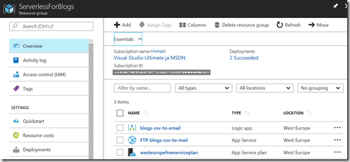 AZUREportal Ent Integration and LogicApp create 8 blogs-csv-to-email RG at the moment